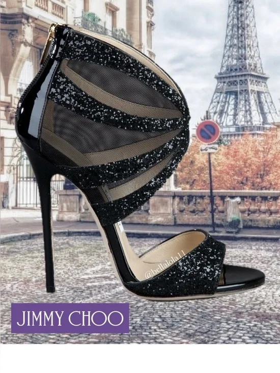 AUTHENTIC JIMMY CHOO BLACK GLITTER HEELS - Picture 2 of 7